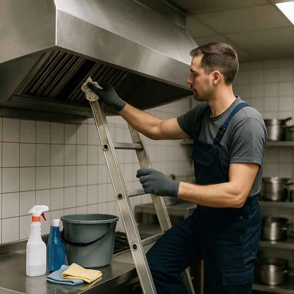 Technician Cleaning Kitchen Exhaust Hood Technician on a ladder cleaning and inspecting a large commercial kitchen exhaust hood with cleaning supplies visible