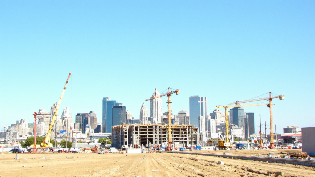 Texas City Skyline Construction Project Large-scale construction project in Texas city skyline with idle cranes and incomplete structures
