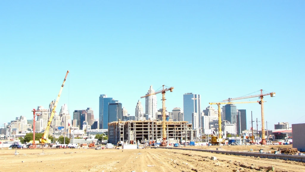 Texas City Skyline Construction Project Large-scale construction project in Texas city skyline with idle cranes and incomplete structures