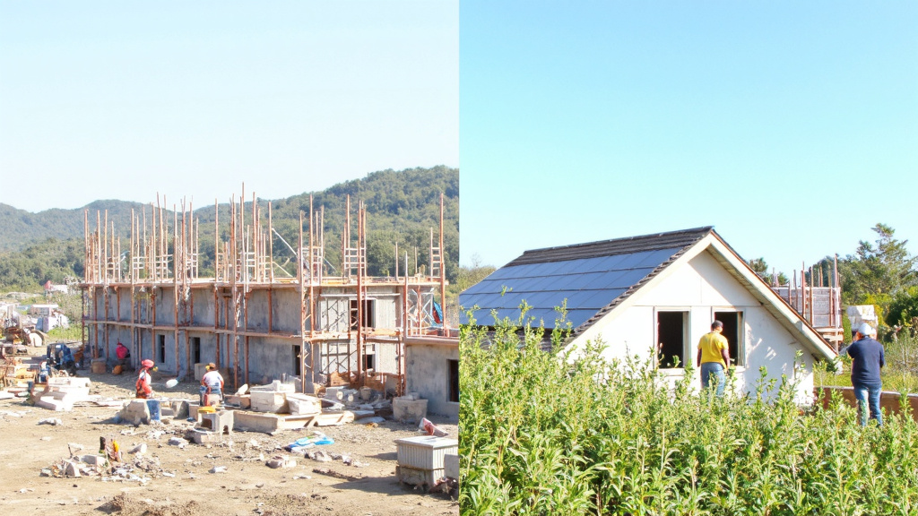 Traditional vs Eco-Friendly Construction Split-screen image showcasing a traditional construction site on the left and an eco-friendly modular construction site with solar panels and a green roof on the right.