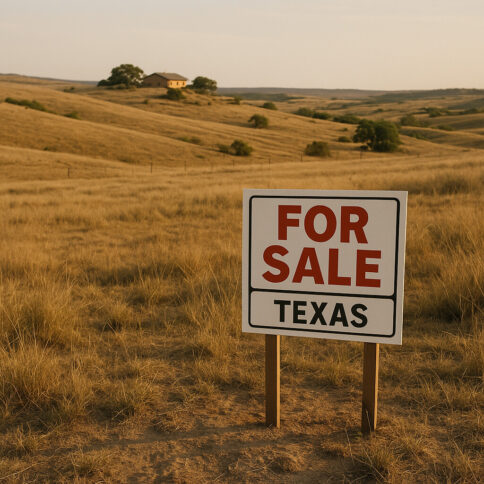 Panoramic view of a vast Texas landscape with rolling hills and a ranch house under golden sunlight.