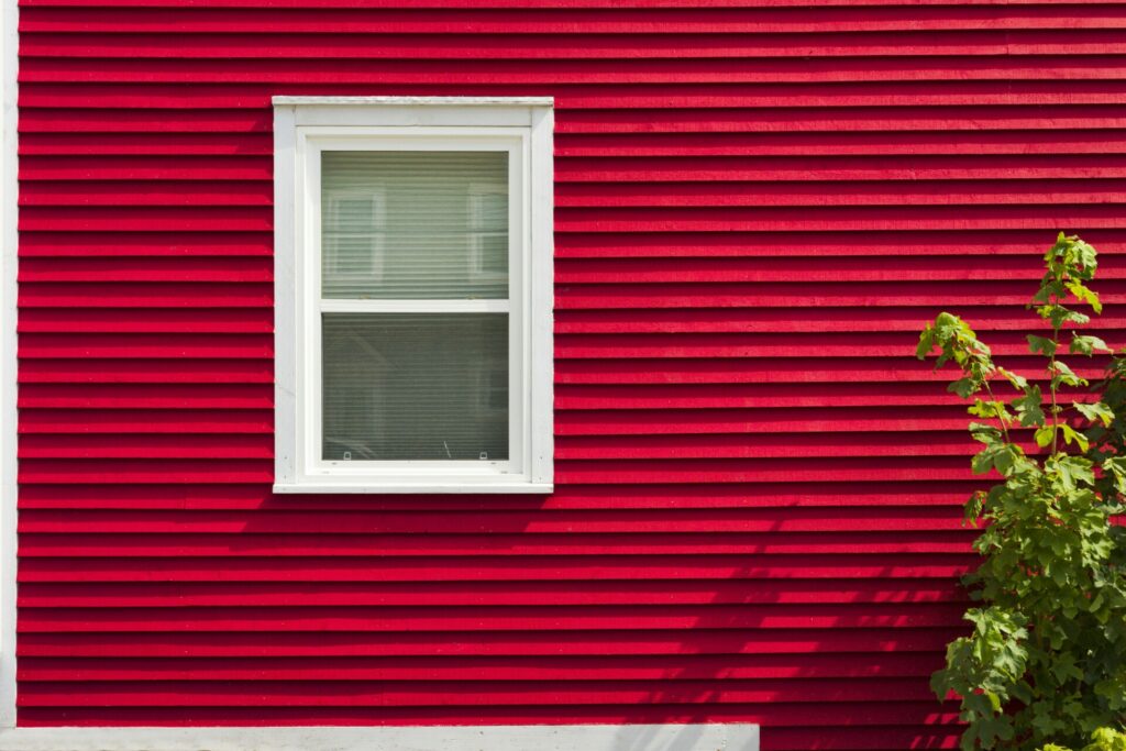 A white-framed window on a vibrant red wooden wall with a green plant.