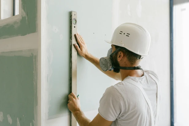 Construction worker using a level on a drywall in a building interior.