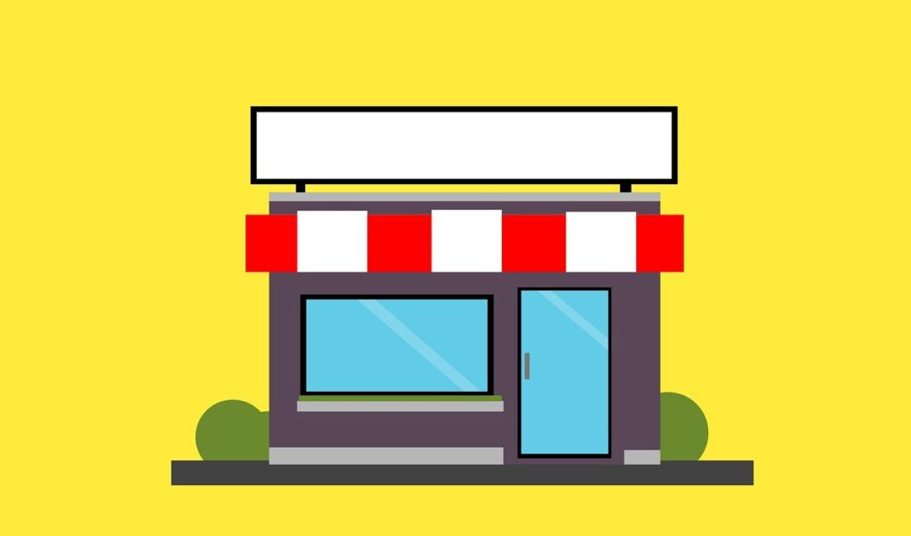 Illustration of a small store with a blank sign on a yellow background.