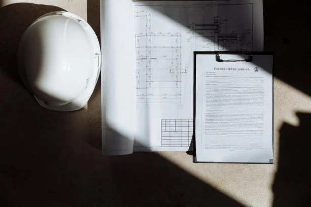 A white hard hat, blueprint, and document on a sunlit surface.