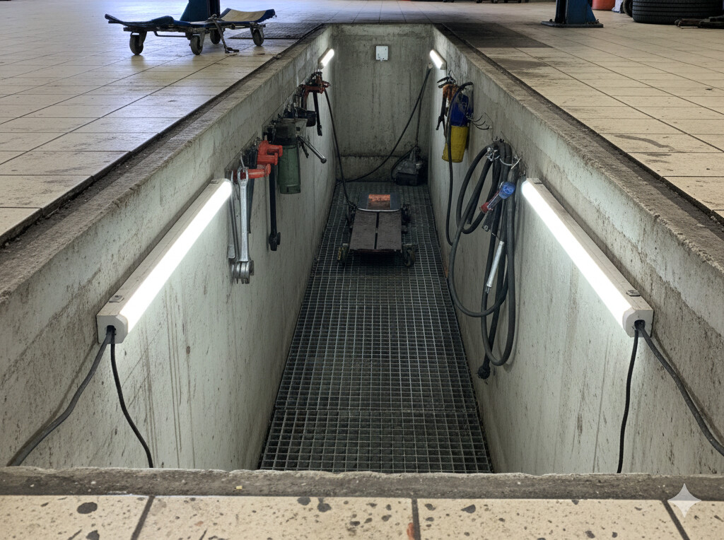 A vehicle maintenance pit with tools and equipment in a tiled garage.