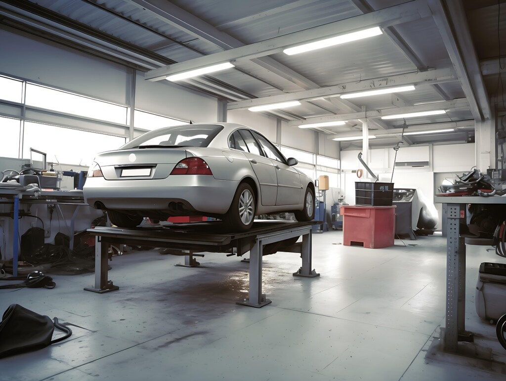 A silver car is elevated on a lift in an auto repair shop.