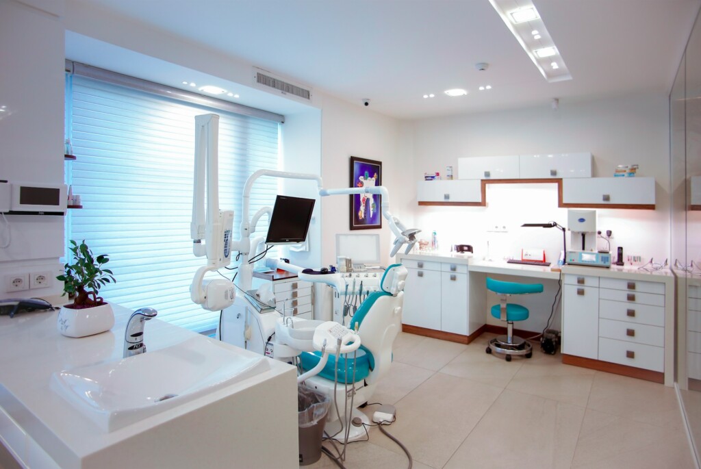 Modern dental clinic with equipment and bright, clean design.