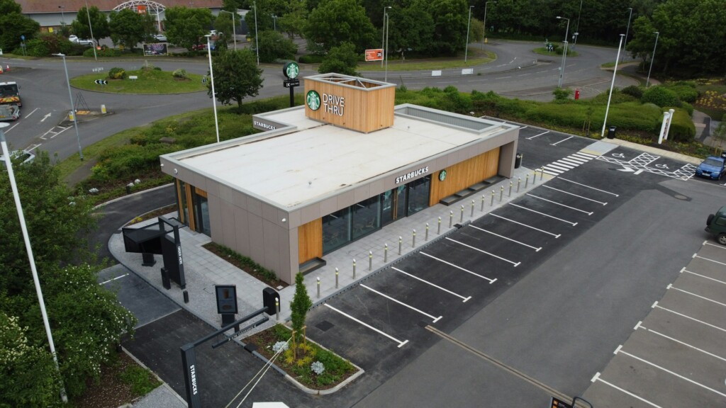 Aerial view of a Starbucks drive-thru building with parking spaces.