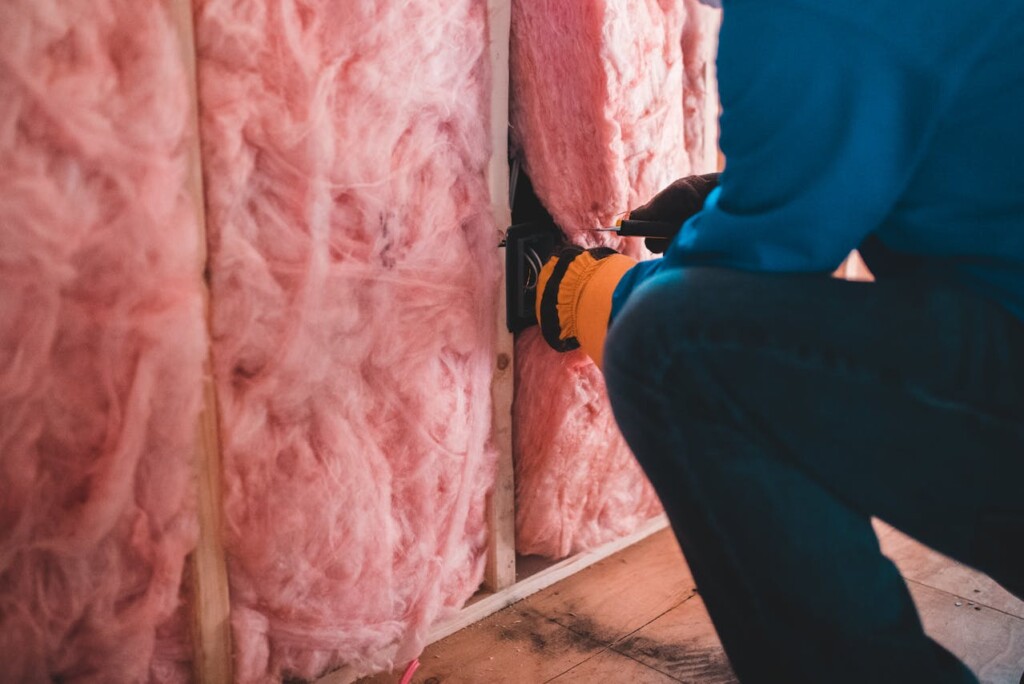 Worker installing fiberglass insulation in a wall of a building.