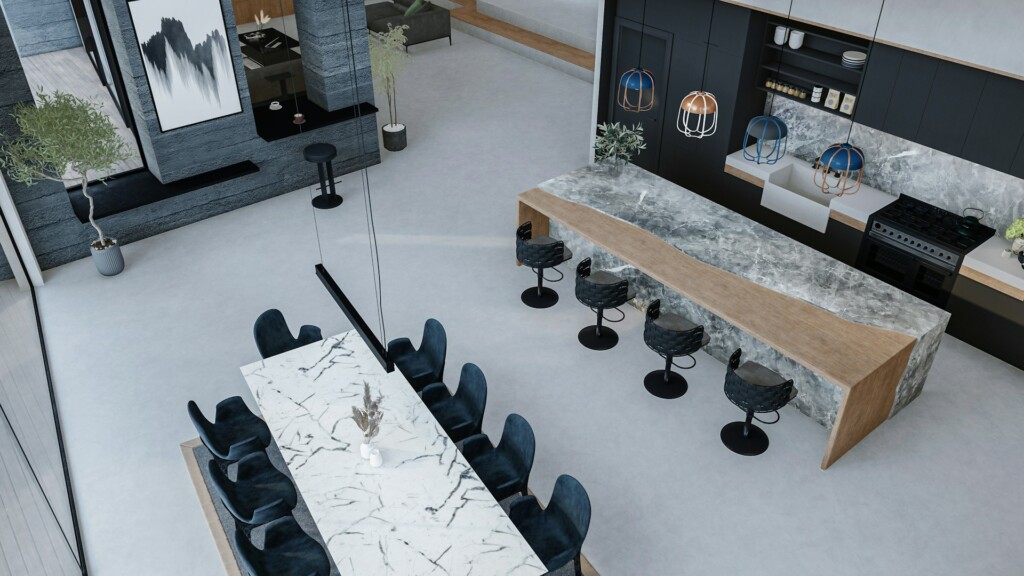 Modern kitchen and dining area with marble surfaces and contemporary decor.